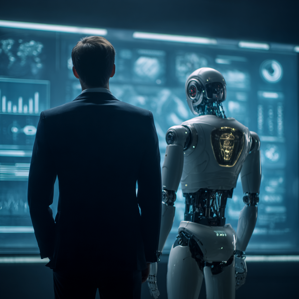 Homme d'affaires et robot humanoïde regardant ensemble des écrans de données futuristes